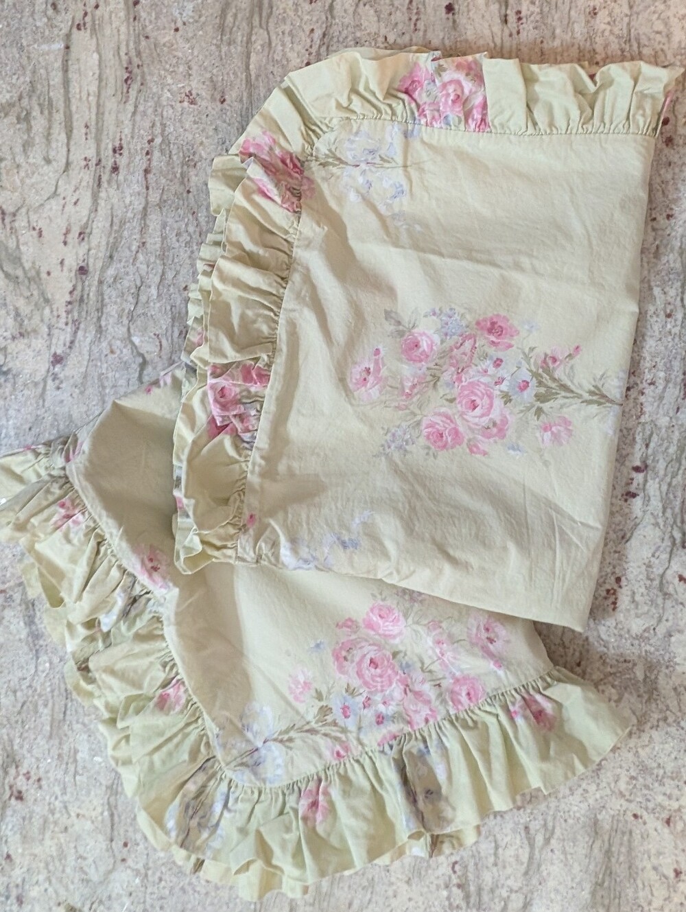 Two Simply Shabby Chic Pillow Shams 100% Cotton Pink Rose Ruffle Pale Green Std.